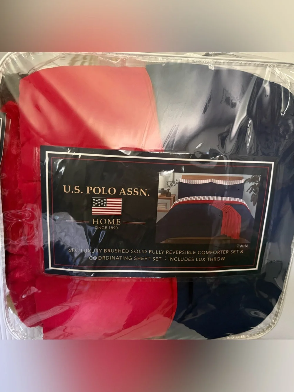 U.S. Polo Assn Home Twin 6Pc Navy Red Reversible Comforter Set Plush Throw NIP